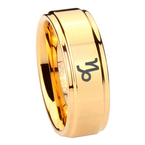 8mm Capricorn Zodiac Step Edge Gold Mens Wide Band Ring