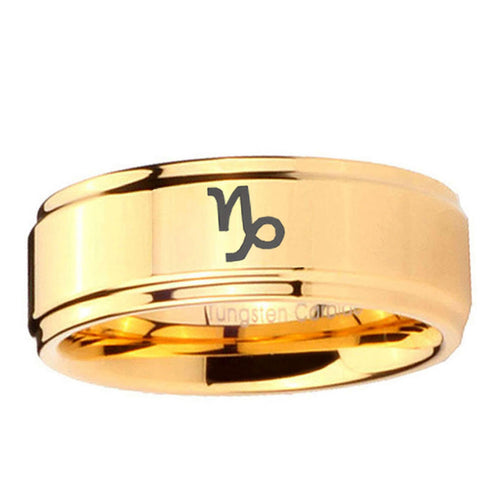 5mm Capricorn Zodiac Step Edge Gold Mens Wide Band Ring