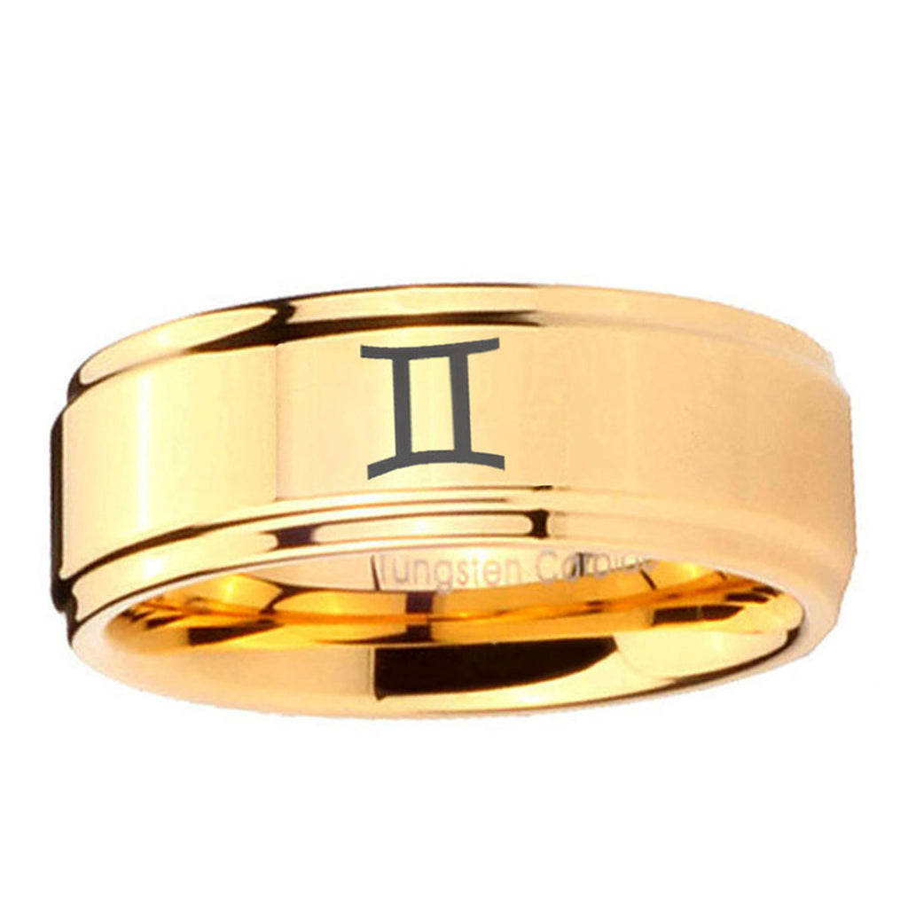 5mm Gemini Zodiac Step Edge Gold Mens Wide Band Ring
