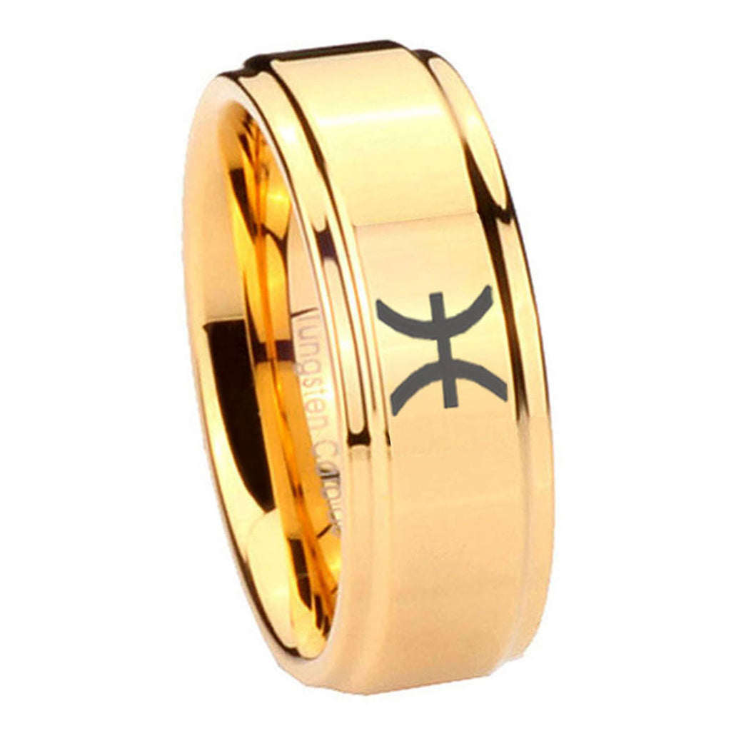 8mm Pisces Zodiac Step Edge Gold Mens Wide Band Ring