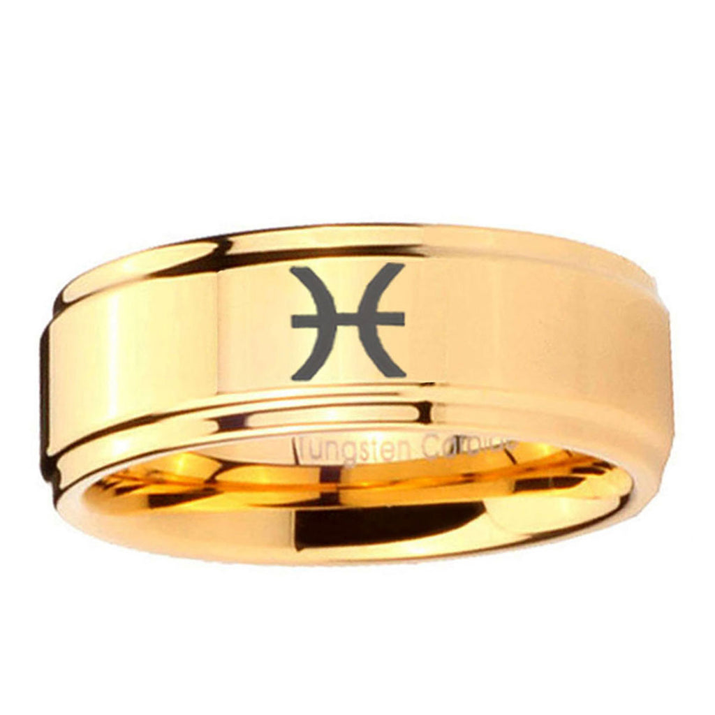 5mm Pisces Zodiac Step Edge Gold Mens Wide Band Ring