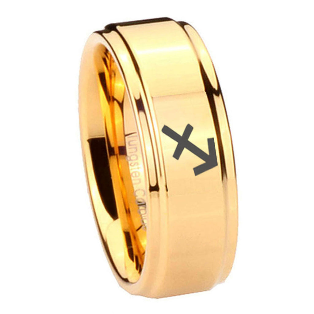 8mm Sagittarius Zodiac Step Edge Gold Engraved Tungsten Ring