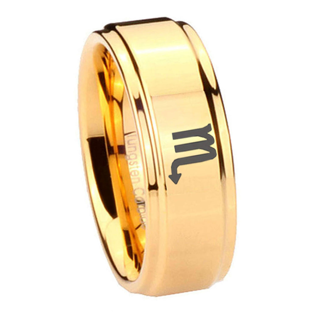 8mm Scorpio Horoscope Step Edge Gold Tungsten Ring For Him