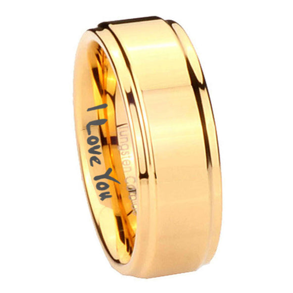 8mm I love You Step Edge Gold Engraved Tungsten Rings