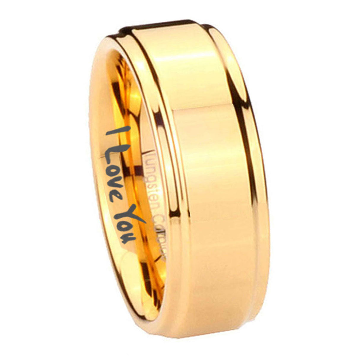 8mm I love You Step Edge Gold Engraved Tungsten Ring