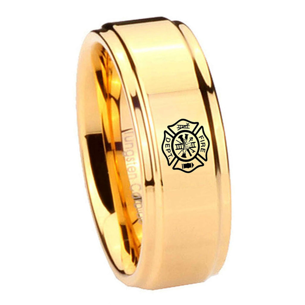 8mm Fire Department Step Edge Gold Mens Ring Tungsten