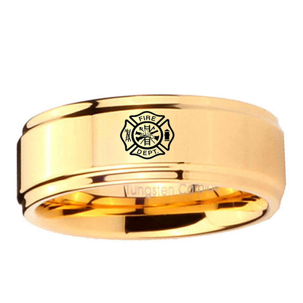 5mm Fire Department Step Edge Gold Mens Ring Tungsten