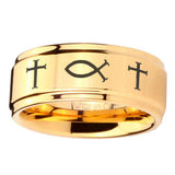 5, 8mm Fish & Cross Step Edge Gold Tungsten Engagement Rings For Him
