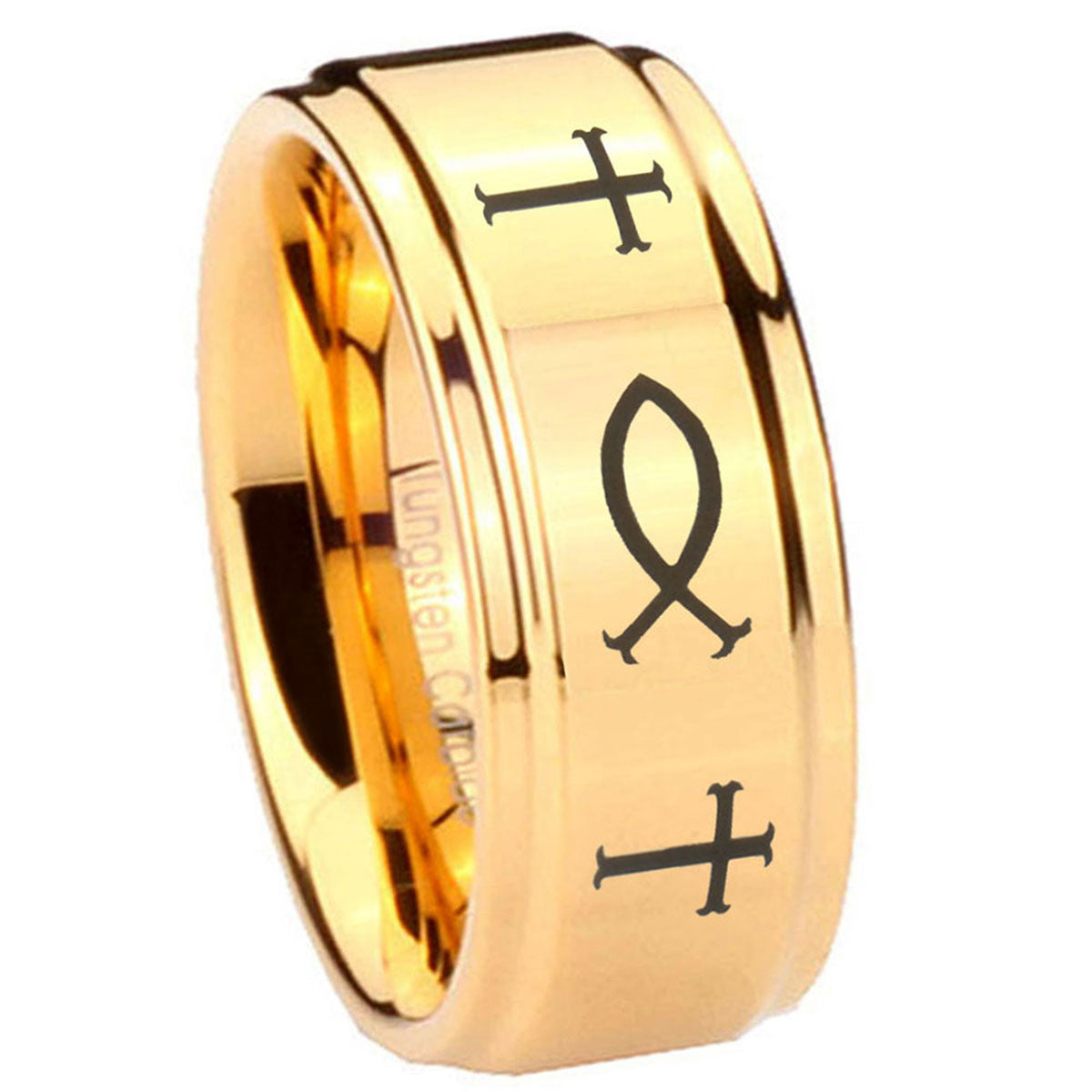 8mm Fish & Cross Step Edge Gold Tungsten Ring For Him