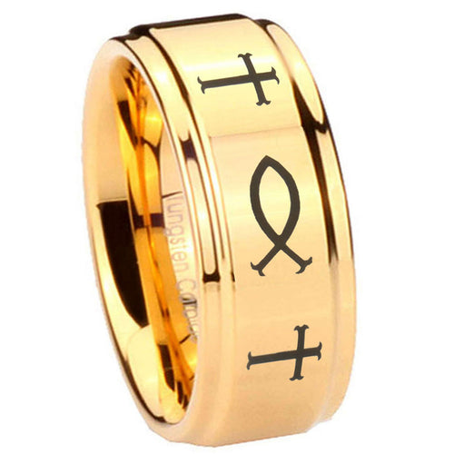 8mm Fish & Cross Step Edge Gold Tungsten Ring For Him