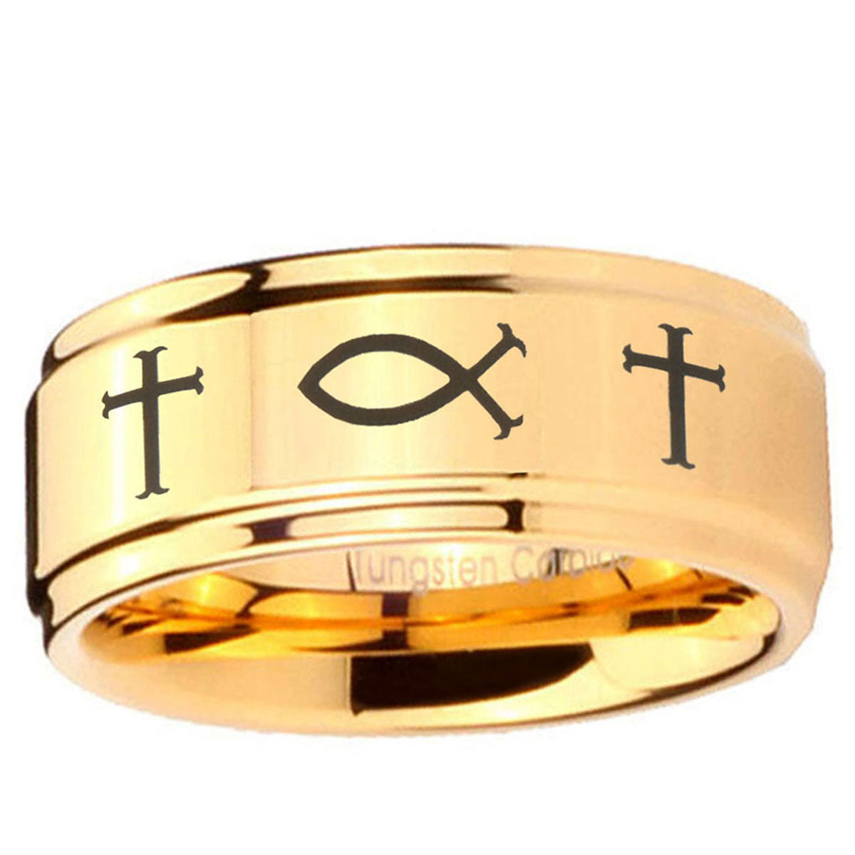 5mm Fish & Cross Step Edge Gold Tungsten Ring For Him