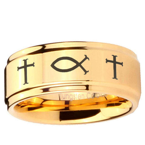 5mm Fish & Cross Step Edge Gold Tungsten Ring For Him