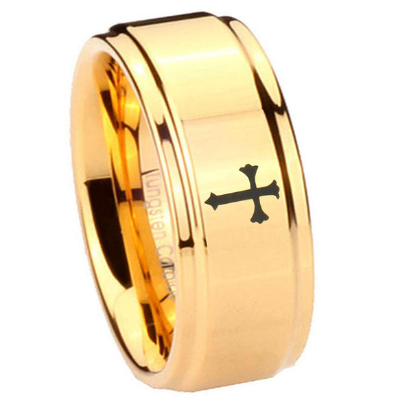 8mm Christian Cross Step Edge Gold Engraved Tungsten Rings