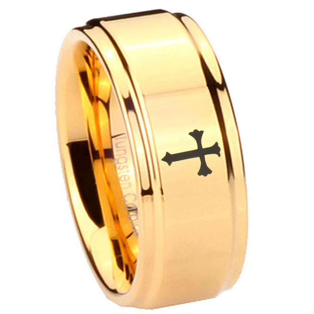 8mm Christian Cross Step Edge Gold Engraved Tungsten Ring