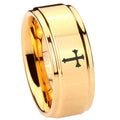 8mm Christian Cross Step Edge Gold Engraved Tungsten Ring