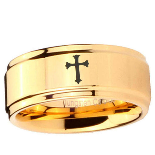 5mm Christian Cross Step Edge Gold Engraved Tungsten Ring