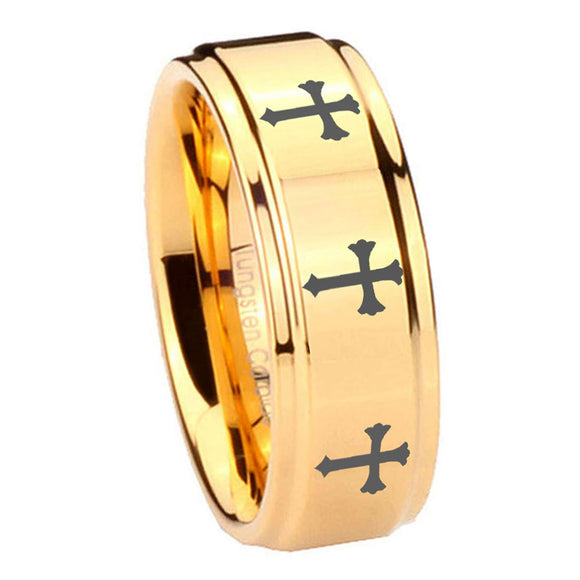 8mm Multiple Christian Cross Step Edge Gold Metals For Men's Rings