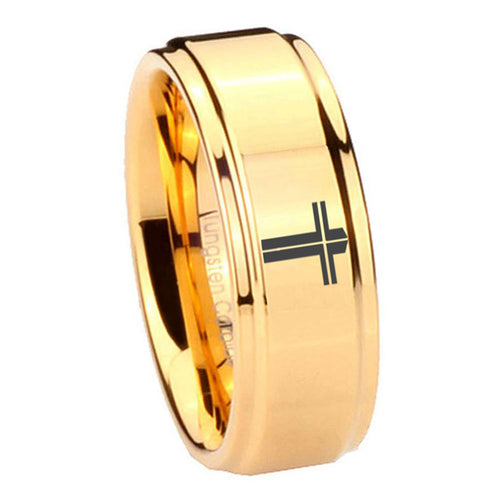 8mm Flat Christian Cross Step Edge Gold Mens Ring Tungsten
