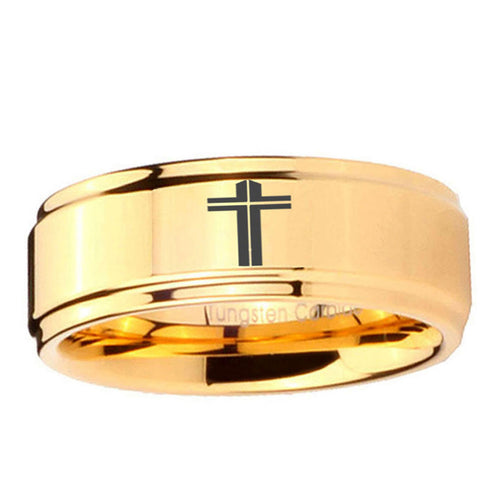 5mm Flat Christian Cross Step Edge Gold Mens Ring Tungsten