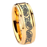 8mm Etched Tribal Pattern Step Edge Gold Tungsten Engagement Rings For Him