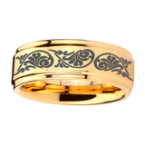 5, 8mm Etched Tribal Pattern Step Edge Gold Tungsten Engagement Rings For Him
