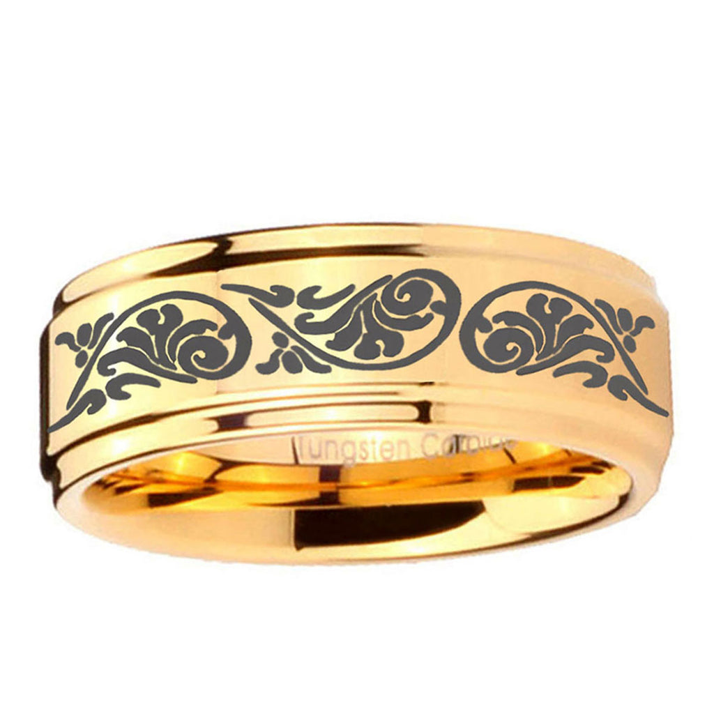 5mm Etched Tribal Pattern Step Edge Gold Tungsten Ring