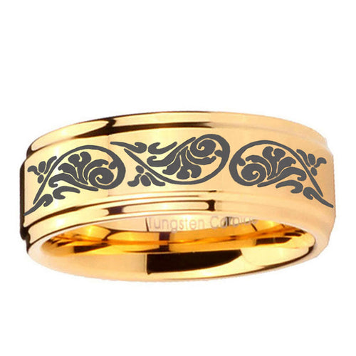5mm Etched Tribal Pattern Step Edge Gold Tungsten Ring