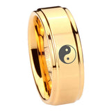 8mm Yin Yang Step Edge Gold Mens Work Wedding Rings