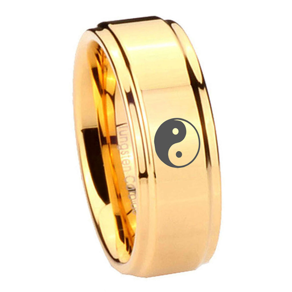 8mm Yin Yang Step Edge Gold Tungsten Mens Work Wedding Ring