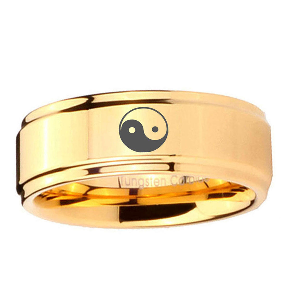 5mm Yin Yang Step Edge Gold Tungsten Mens Work Wedding Ring