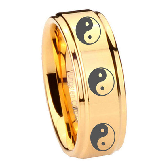 8mm Multiple Yin Yang Step Edge Gold Mens Work Wedding Rings