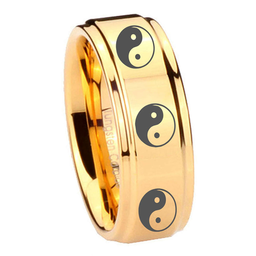 8mm Multiple Yin Yang Step Edge Gold Mens Work Wedding Ring