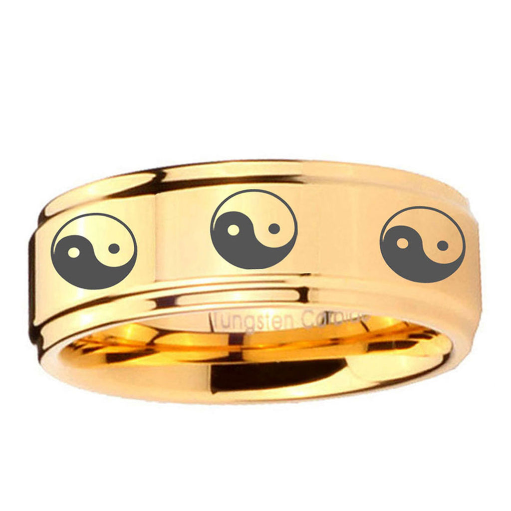 5mm Multiple Yin Yang Step Edge Gold Mens Work Wedding Ring