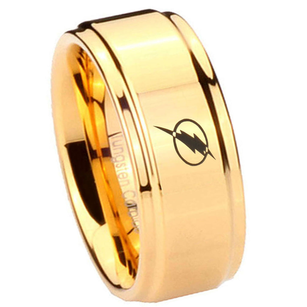8mm Flash Step Edge Gold Engraved Tungsten Ring