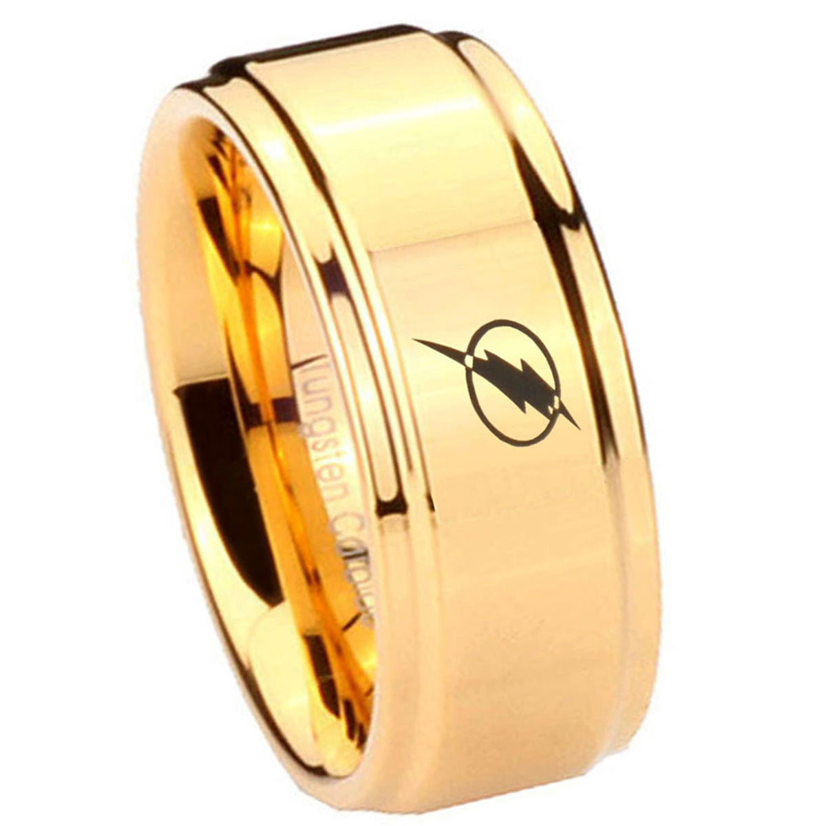 8mm Flash Step Edge Gold Engraved Tungsten Ring