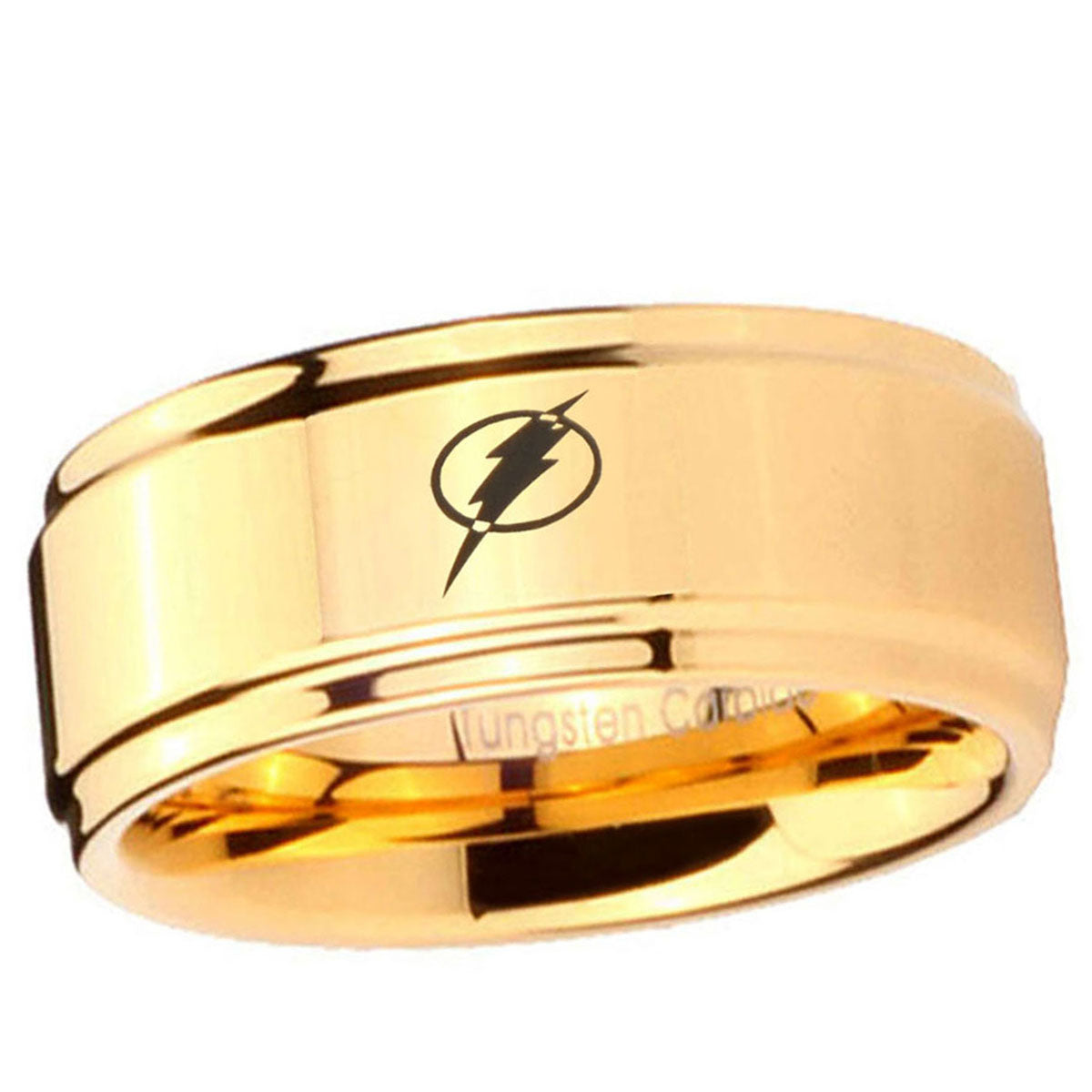5mm Flash Step Edge Gold Engraved Tungsten Ring
