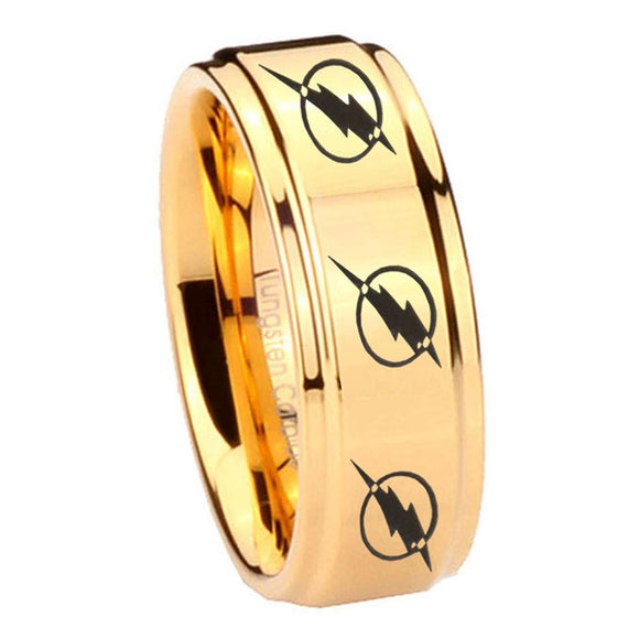 8mm Multiple Flash Step Edge Gold Engraved Tungsten Rings