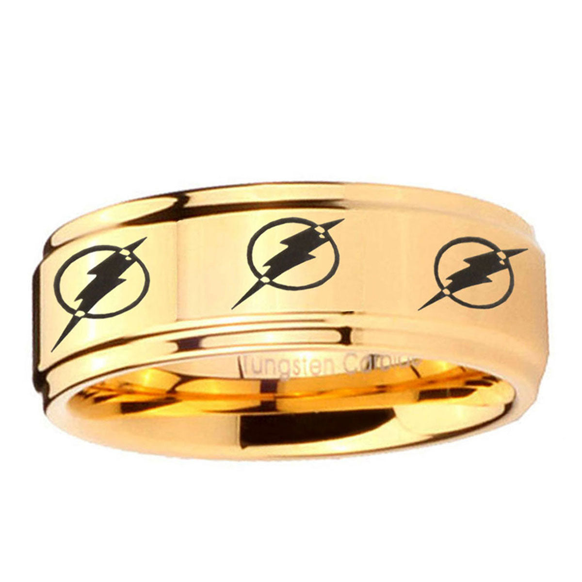 5mm Multiple Flash Step Edge Gold Engraved Tungsten Ring