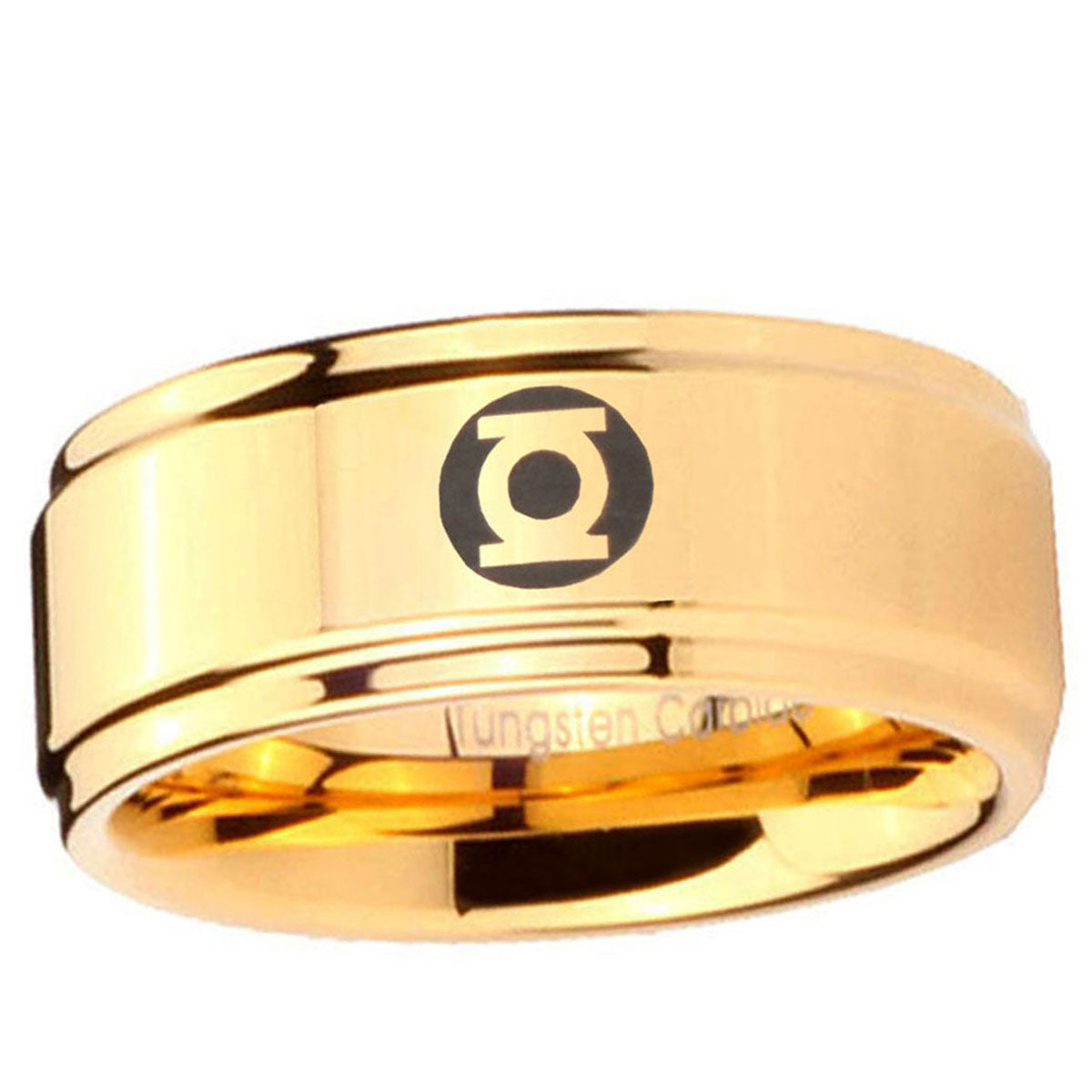 5mm Green Lantern Step Edge Gold Engraved Ring For Him