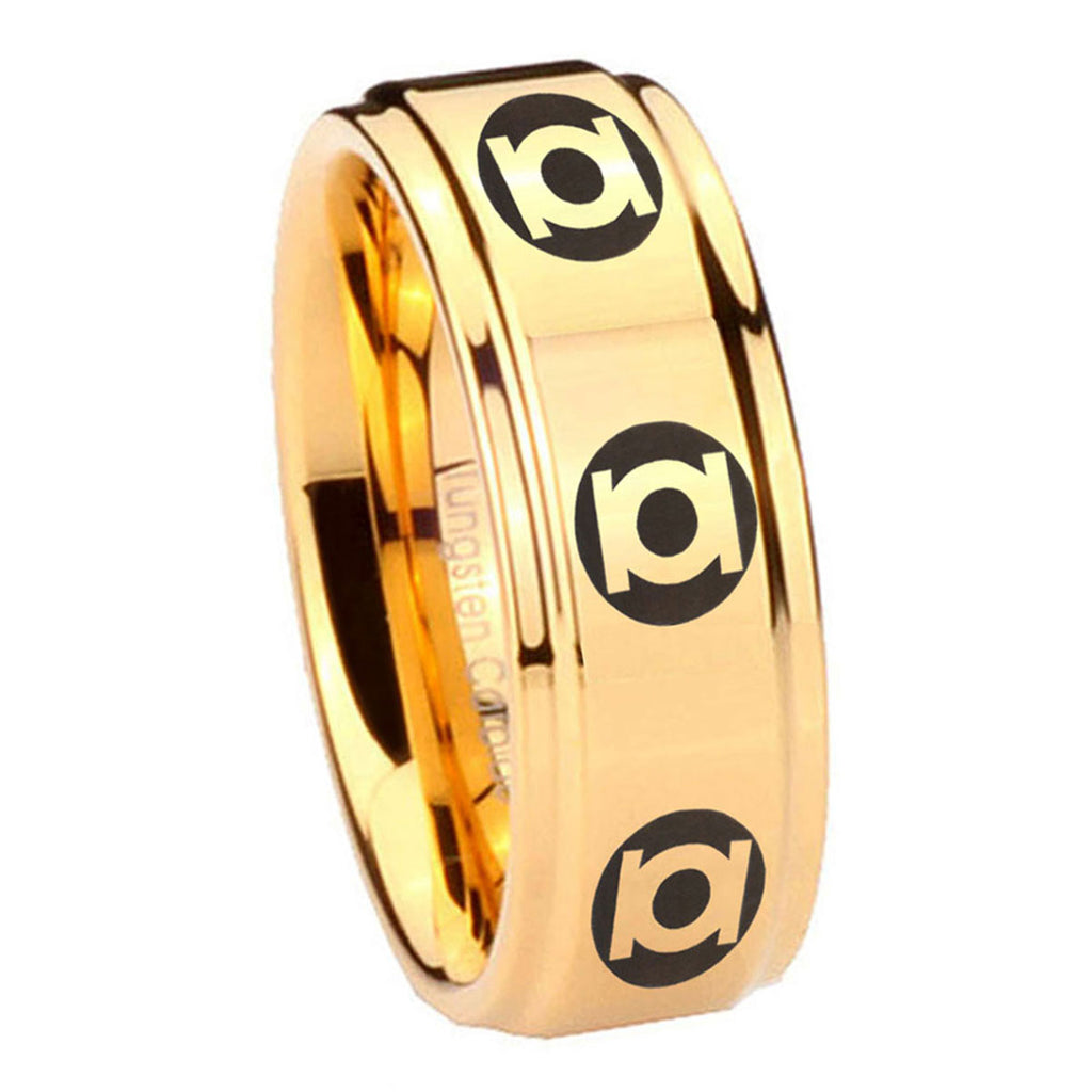 8mm Multiple Green Lantern Step Edge Gold Tungsten Ring