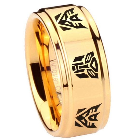 8mm Transformers Autobot Decepticon Step Edge Gold Mens Wide Band Rings