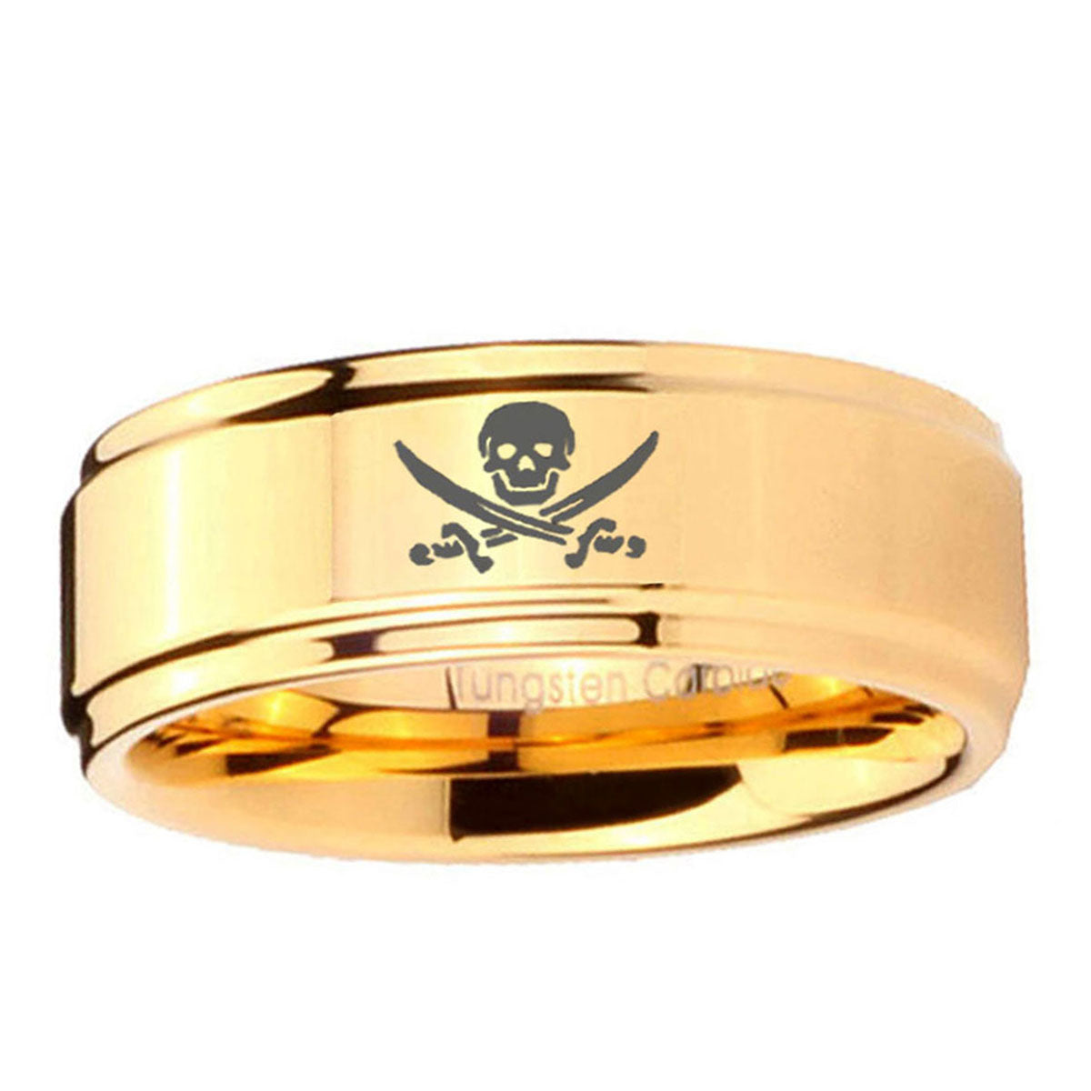 5mm Skull Step Edge Gold Tungsten Engagement Ring For Him