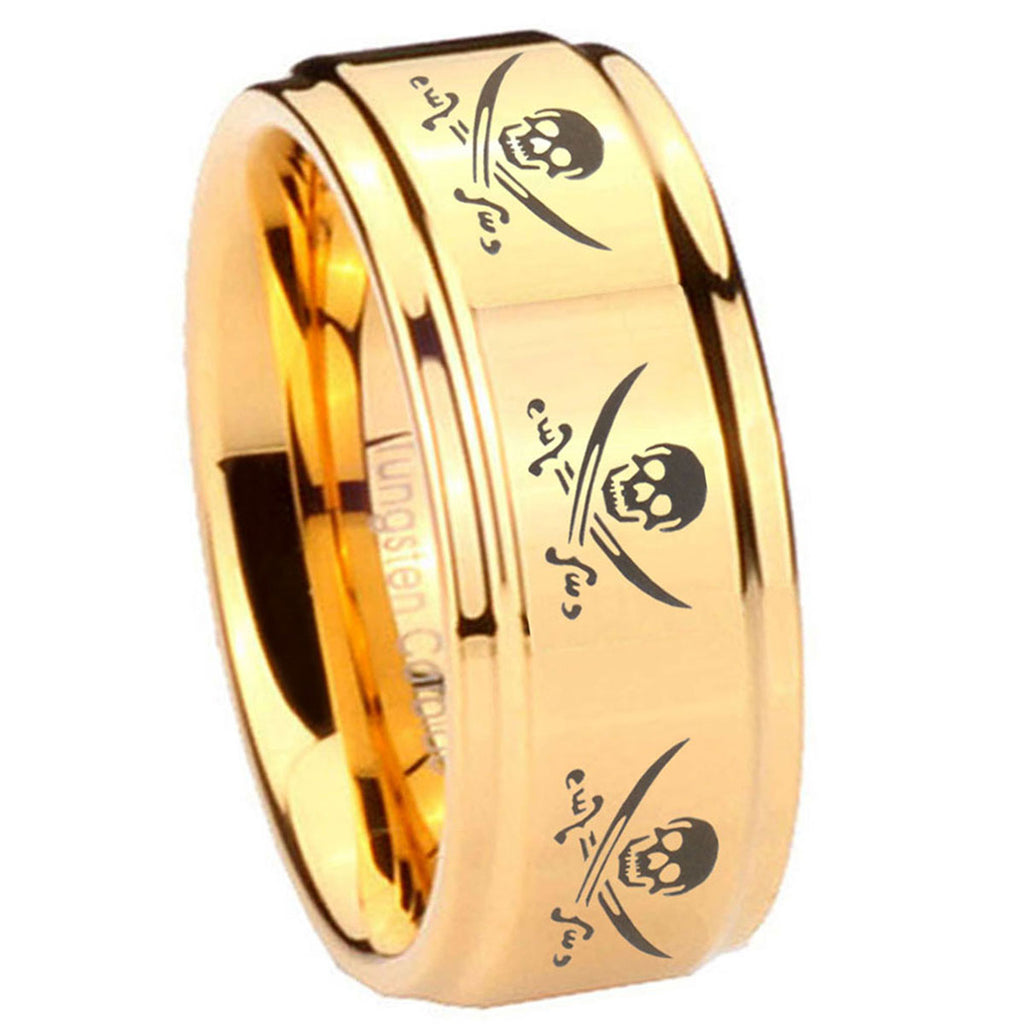 8mm Multiple Skull Pirate Step Edge Gold Metals For Ring