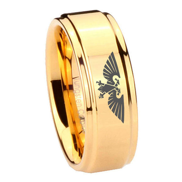 8mm Aquila Step Edge Gold Engraved Wedding Bands For Him