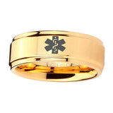 5, 8mm Medical Alert Step Edge Gold Engraved Tungsten Rings