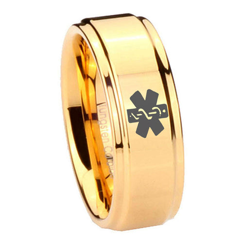 8mm Medical Alert Step Edge Gold Engraved Tungsten Ring