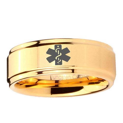 5mm Medical Alert Step Edge Gold Engraved Tungsten Ring