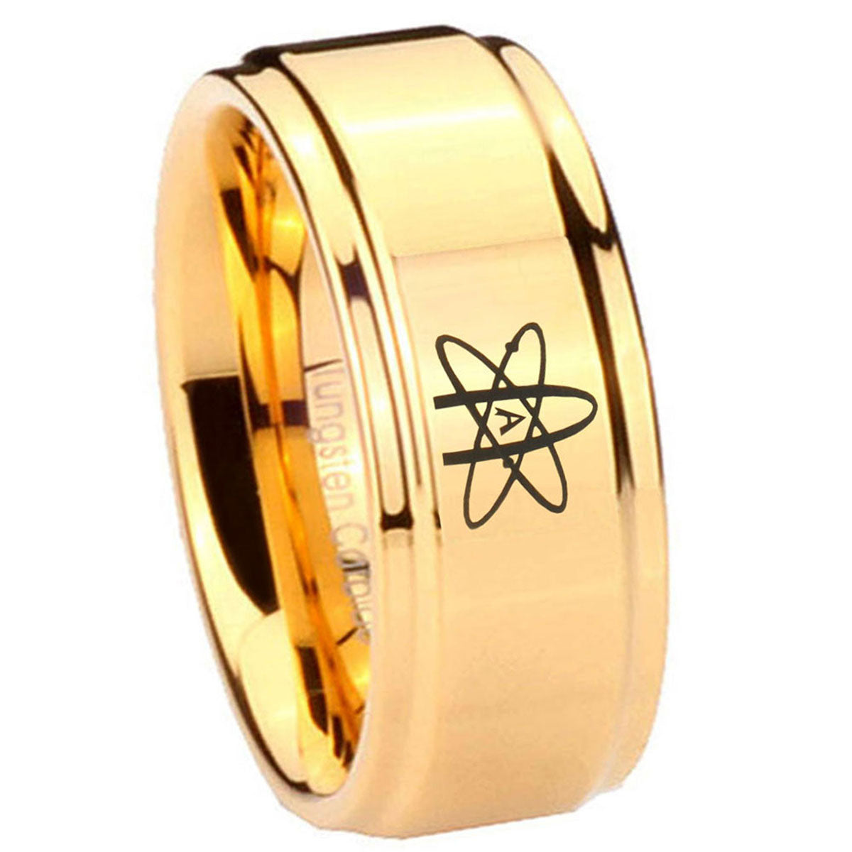 8mm American Atheist Step Edge Gold Engraved Tungsten Ring