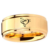 5, 8mm Music & Heart Step Edge Gold Tungsten Rings For Him