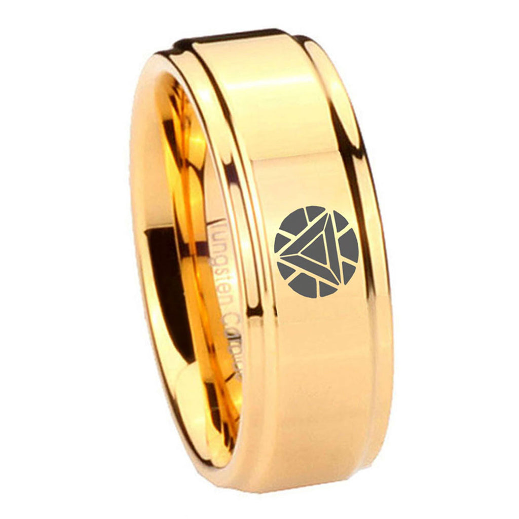 8mm Iron Man Art Reactor Step Edge Gold Tungsten Ring For Him